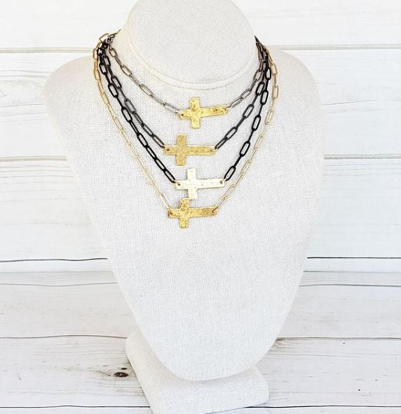 Hammered Gold Sideways Cross on Large Paperclip Chain-Bella Lucca Boutique