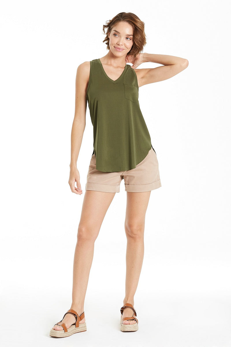 Another Love Esther Tank V-Neck Pocket Chive | Bella Lucca Boutique