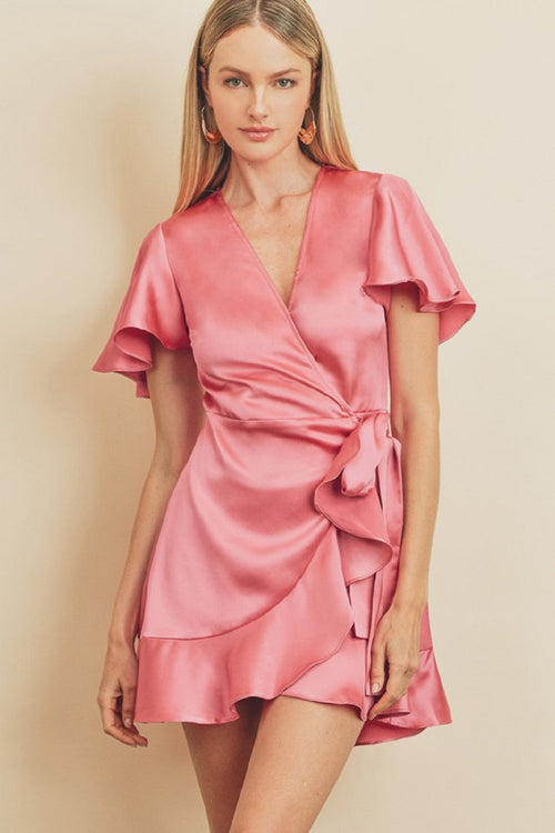 Satin Wrap Mini Dress Pink Flutter Sleeve | Bella Lucca Boutique