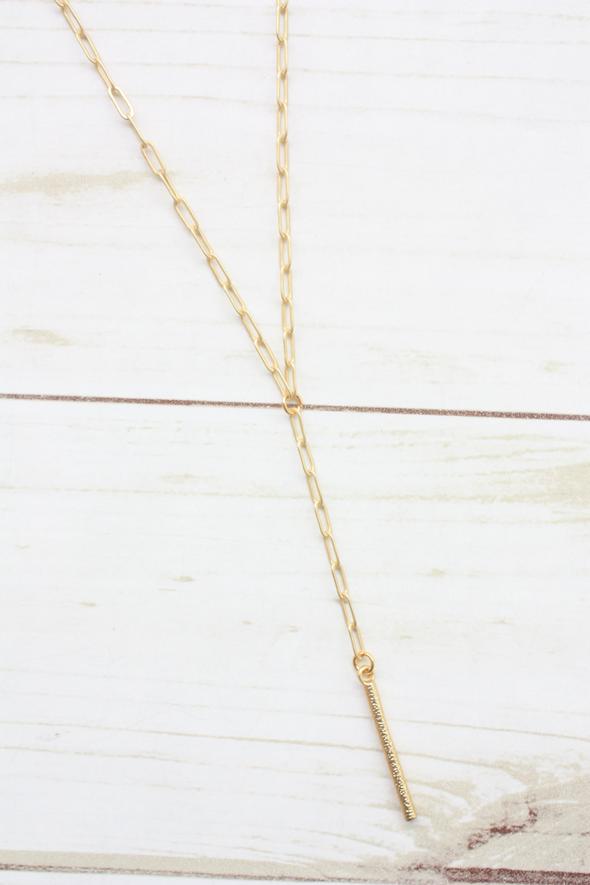 Virtue Jewelry Gold Paperclip Y-Drop Necklace with Gold Hammered Tube | Bella Lucca Boutique