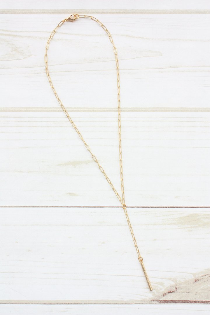 Virtue Jewelry Gold Paperclip Y-Drop Necklace with Gold Hammered Tube | Bella Lucca Boutique