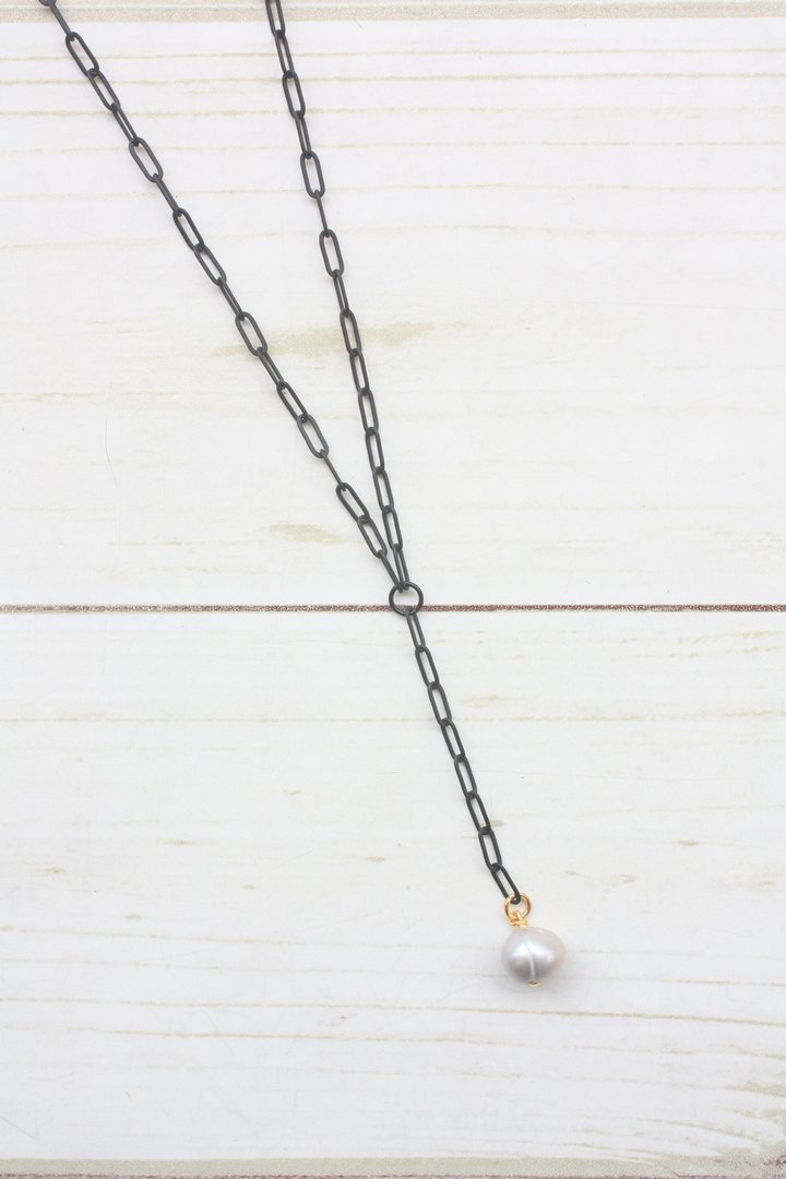Y-DROP PAPERCLIP NECKLACE | MINI PEARL CHARM