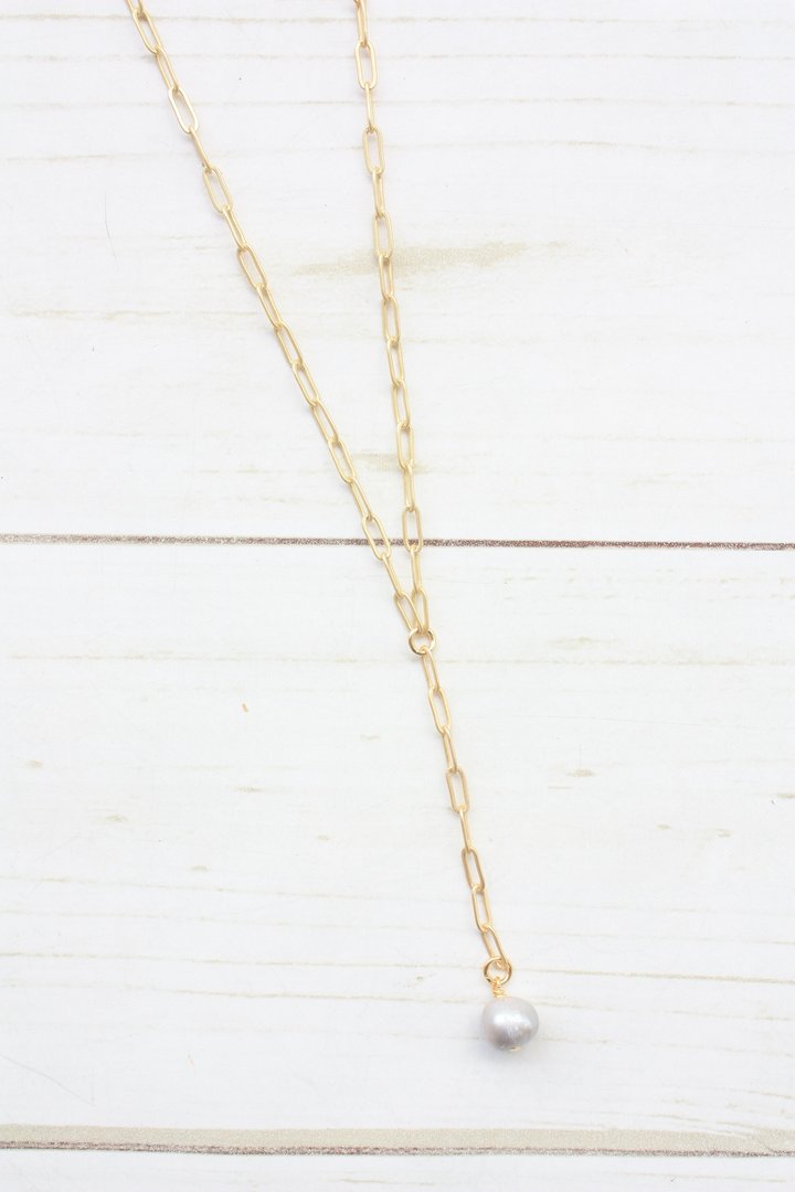 Y-DROP PAPERCLIP NECKLACE | MINI PEARL CHARM