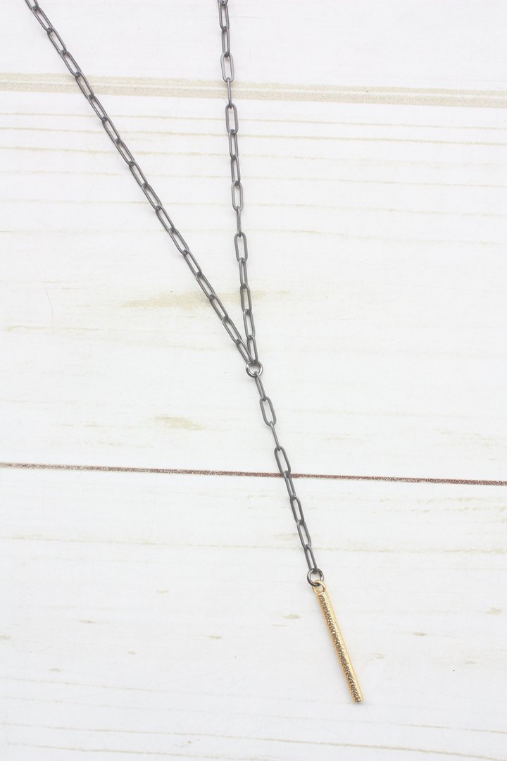 Virtue Jewelry Gunmetal Paperclip Y-Drop Necklace with Gold Hammered Tube | Bella Lucca Boutique