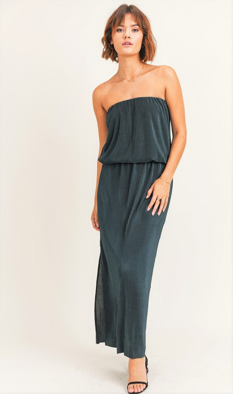 Emerald Green Silky Strapless Maxi Dress | Bella Lucca Boutique