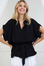 Black Satin Belted Blouse | Bella Lucca Boutique