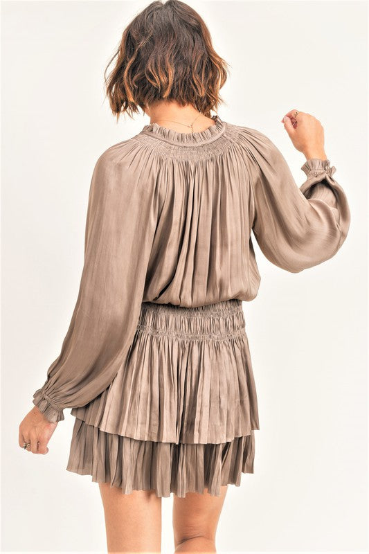 Mocha Satin Tiered Ruffle Dress | Bella Lucca Boutique
