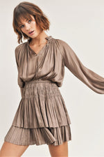 Mocha Satin Tiered Ruffle Dress | Bella Lucca Boutique