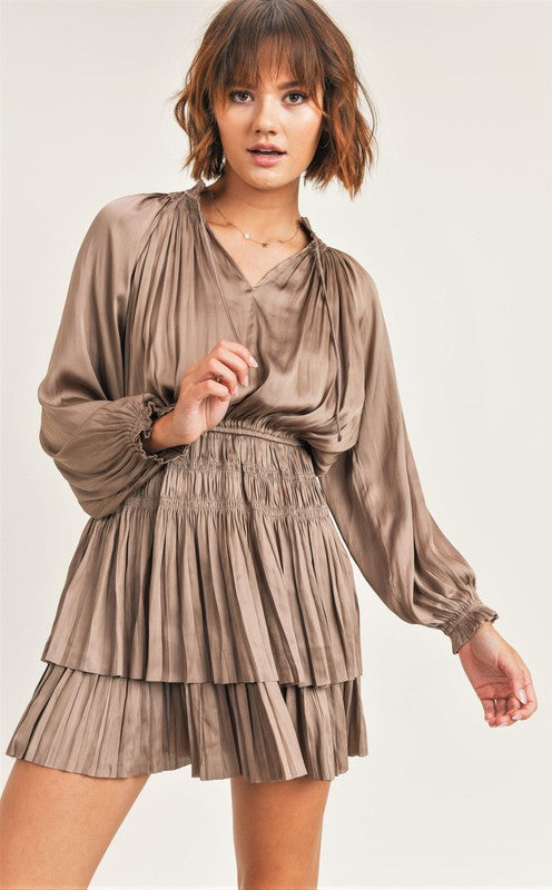 Mocha Satin Tiered Ruffle Dress | Bella Lucca Boutique