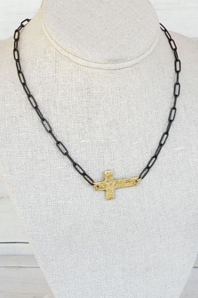 Hammered Gold Sideways Cross on Large Paperclip Chain-Bella Lucca Boutique