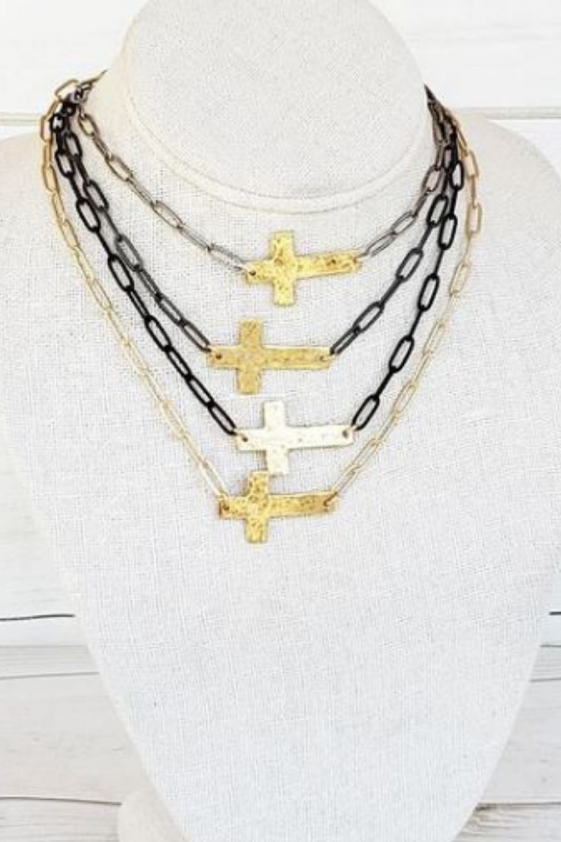 Hammered Gold Sideways Cross on Large Paperclip Chain-Bella Lucca Boutique