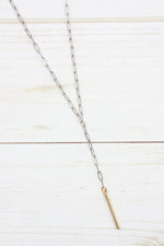 Virtue Jewelry Silver Paperclip Y-Drop Necklace with Gold Hammered Tube | Bella Lucca Boutique