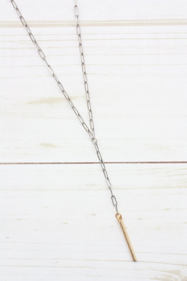 Virtue Jewelry Silver Paperclip Y-Drop Necklace with Gold Hammered Tube | Bella Lucca Boutique