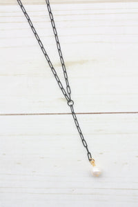 Y-DROP PAPERCLIP NECKLACE | MINI PEARL CHARM