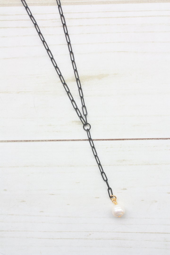 Y-DROP PAPERCLIP NECKLACE | MINI PEARL CHARM